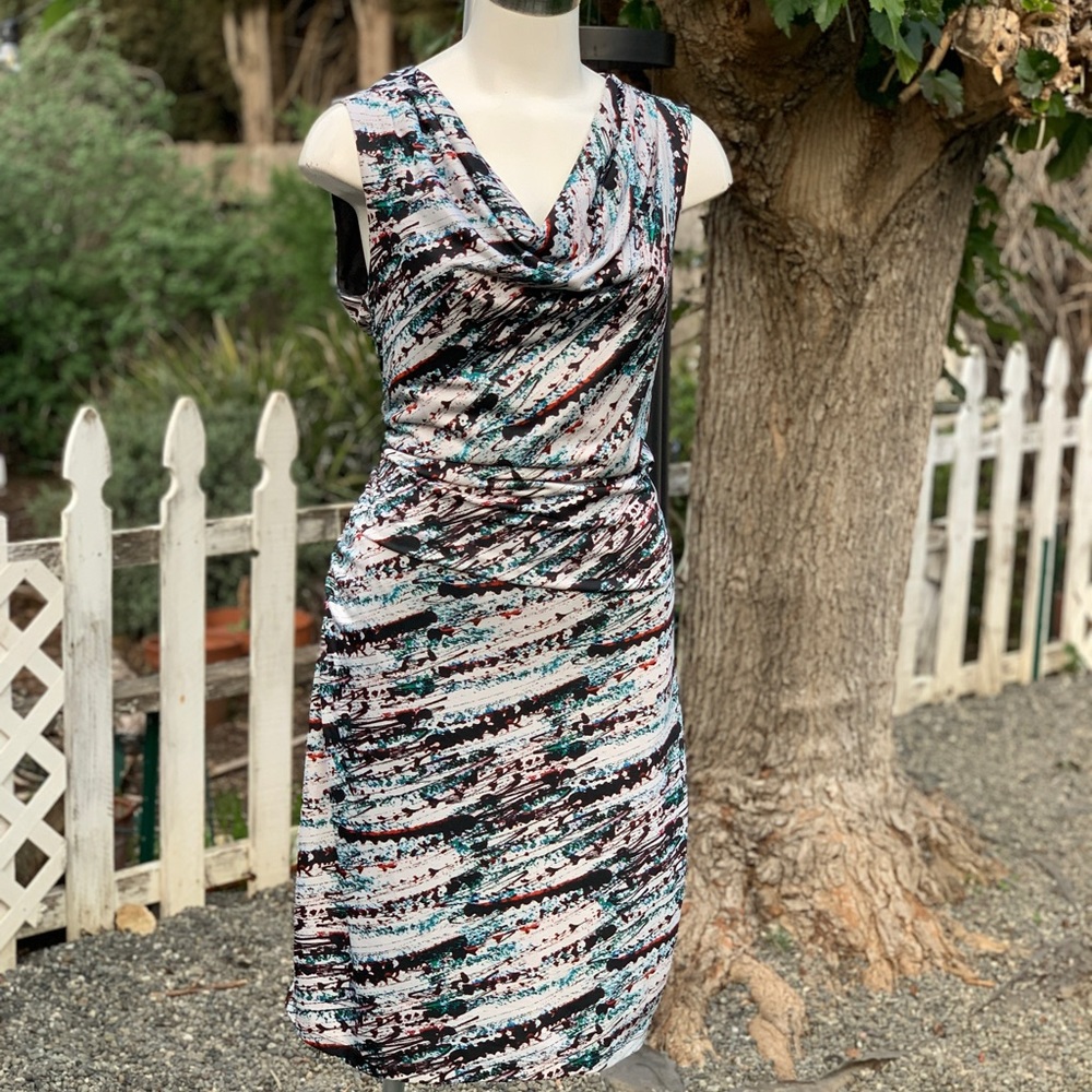 ISABEL + ALICE Flattering Abstract Ruched Sides Cowl Neck Dress Sz Lg